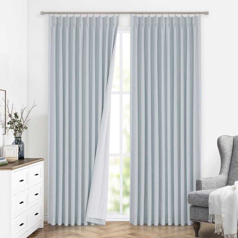 Vision Home Blue Fog Pinch مطوي ستائر التعتيم الكاملة الكتان المخلوطة غرفة سواد ستائر النافذة 72 بوصة لغرفة المعيشة غرفة النوم الحرارية معزولة قرصة الطيات الستائر مع السنانير 1 لوحة 60 بوصة عرض × 72 بوصة طول - Image 2